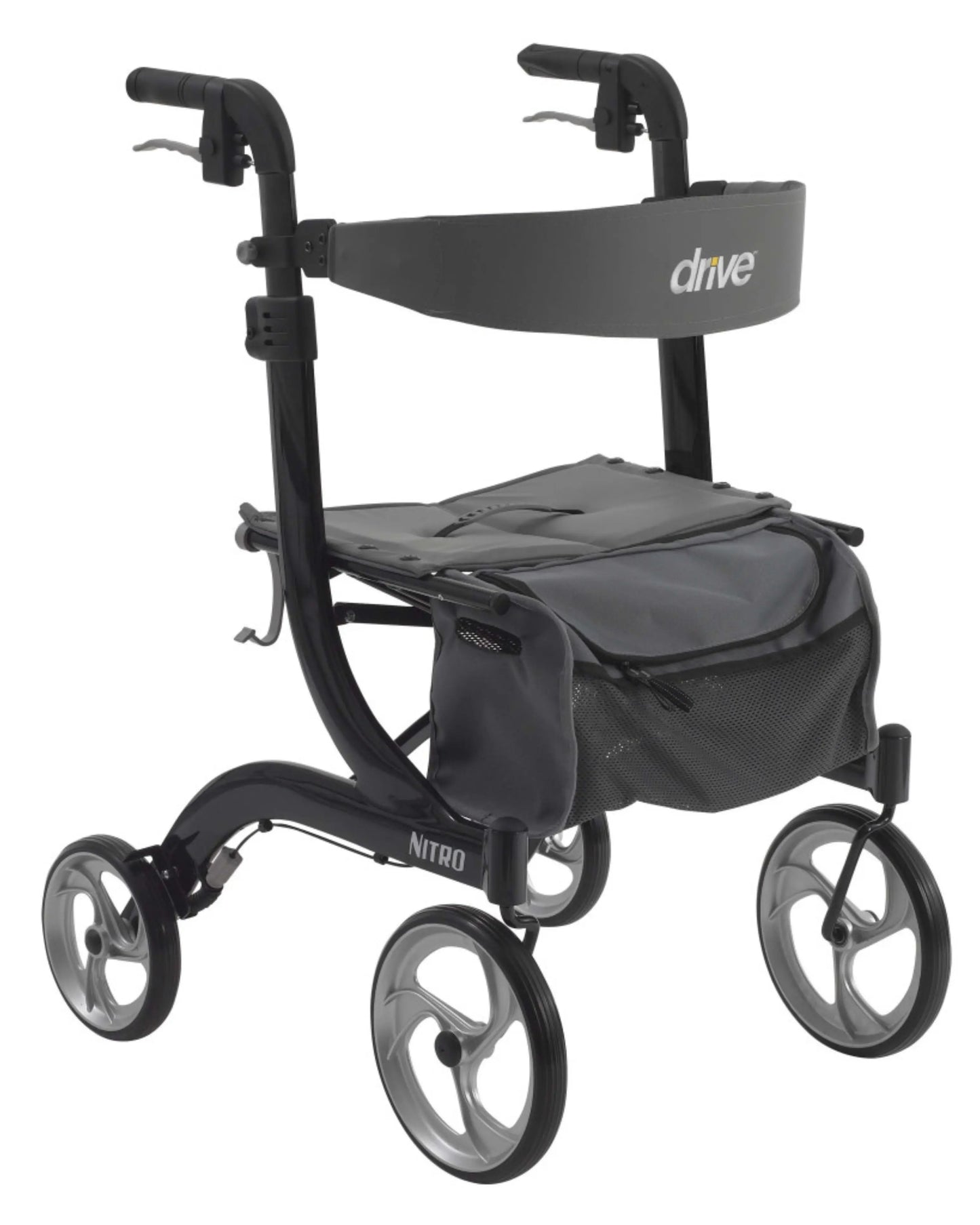 Lightweight black rollator walker with large wheels, ergonomic handles, and storage pouch