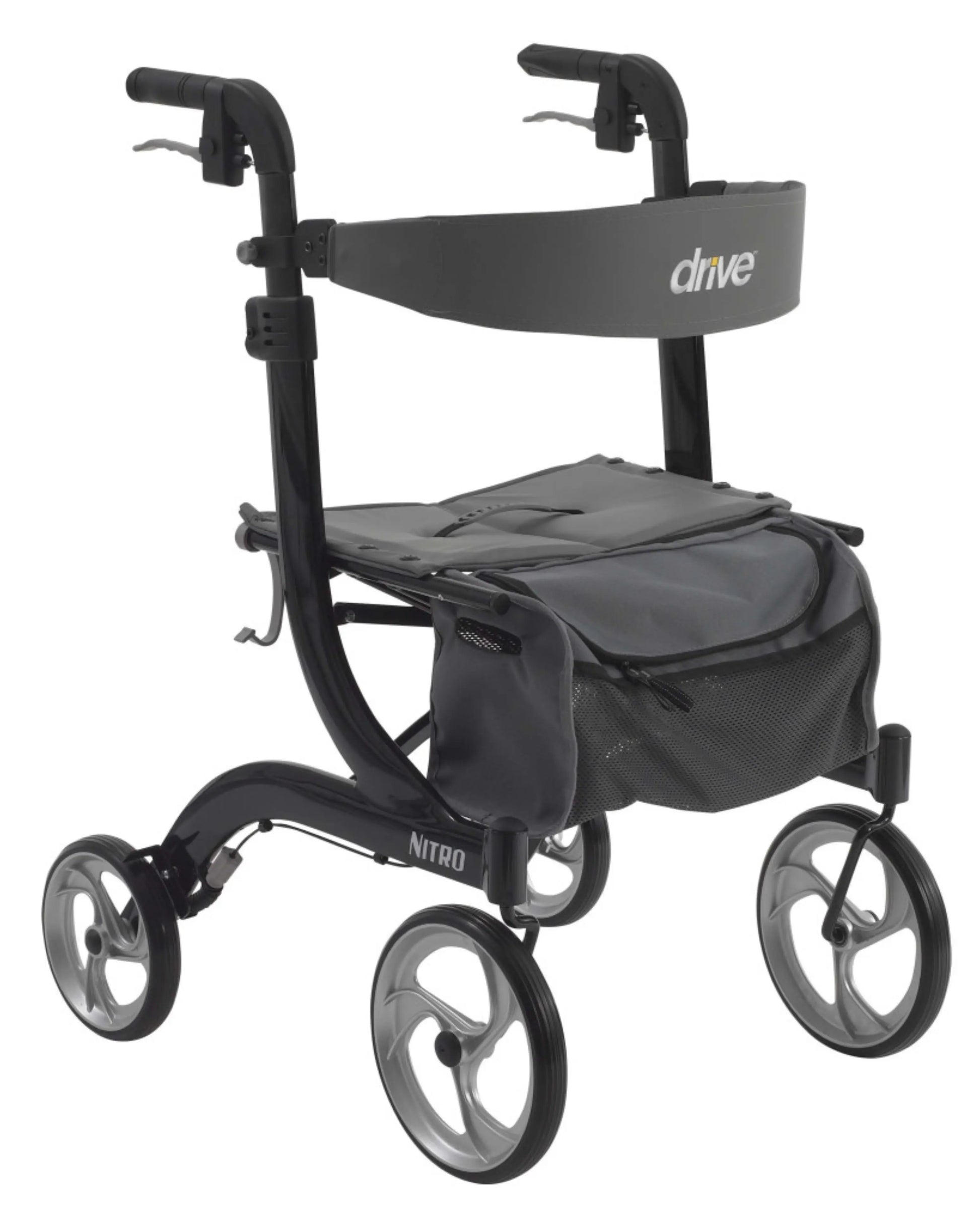 Lightweight black rollator walker with large wheels, ergonomic handles, and storage pouch