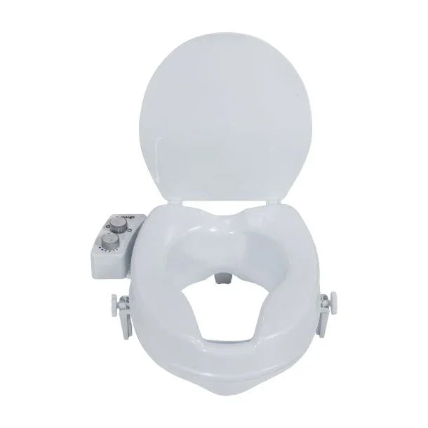 Raised toilet seat with adjustable control knobs for home care and medical use