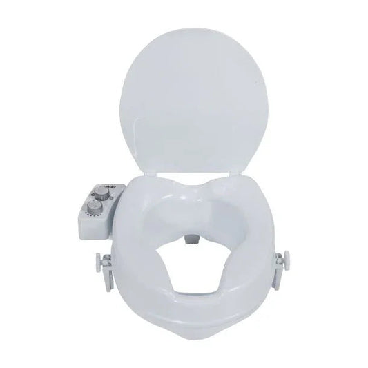 Raised toilet seat with adjustable control knobs for home care and medical use