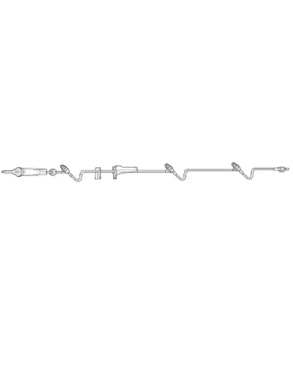 IV infusion set with tubing, connectors and drip chamber on white background