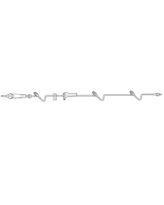 IV infusion set with tubing, connectors and drip chamber on white background