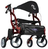 Lightweight red mobility rollator walker with seat, storage pouch, and four wheels