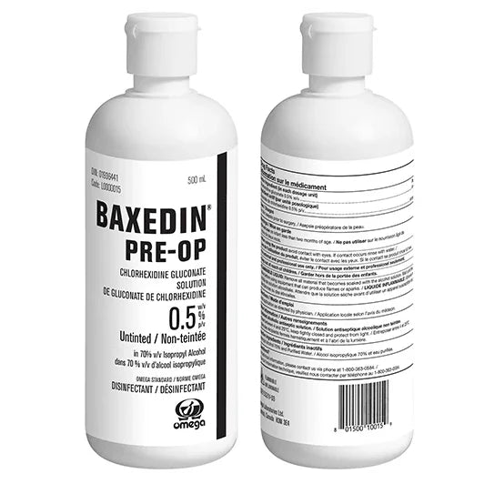 Baxedin Pre-Op chlorhexidine gluconate disinfectant 0.5% solution bottles, 500mL, front and back labels
