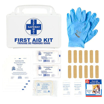 First aid kit with gloves, bandages, gauze pads, adhesive bandages, and pocket guide