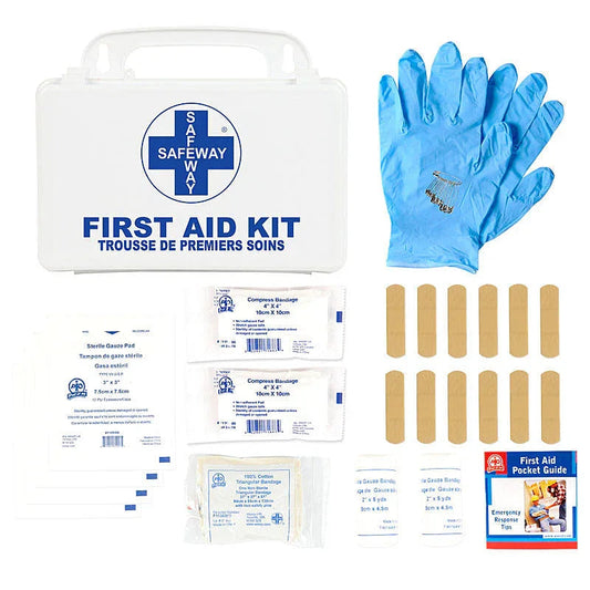 First aid kit with gloves, bandages, gauze pads, adhesive bandages, and pocket guide
