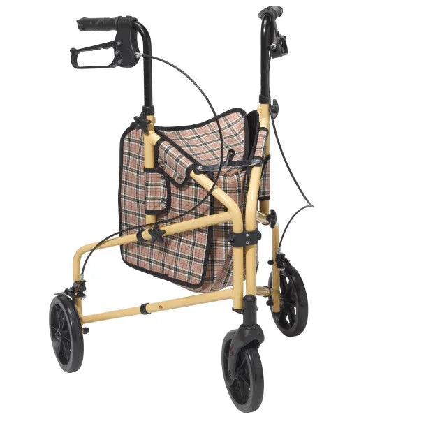 Lightweight three-wheel rollator walker with plaid storage bag, medical mobility aid