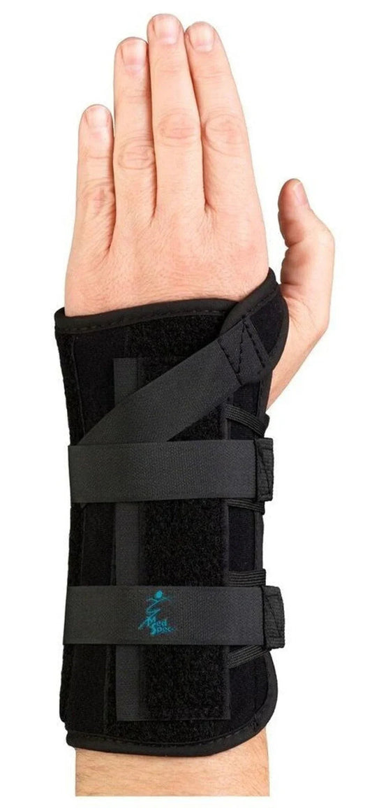 Hand wearing a black adjustable wrist brace for medical support and injury recovery