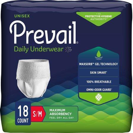 Prevail unisex daily underwear adult diapers package, 18 count, small/medium, maximum absorbency.