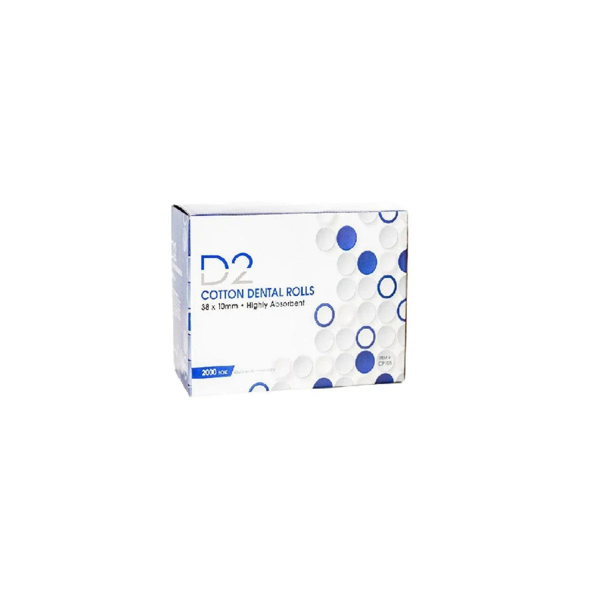 Box of D2 cotton dental rolls, highly absorbent, size 38 x 10mm, 2000 count.