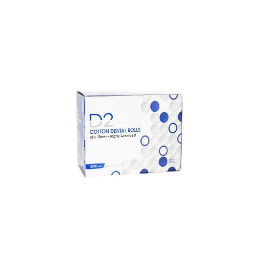 Box of D2 cotton dental rolls, 38 x 10mm, highly absorbent, medical supplies