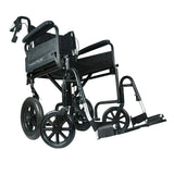 Black lightweight transport wheelchair with large rear wheels and flip-up footrests