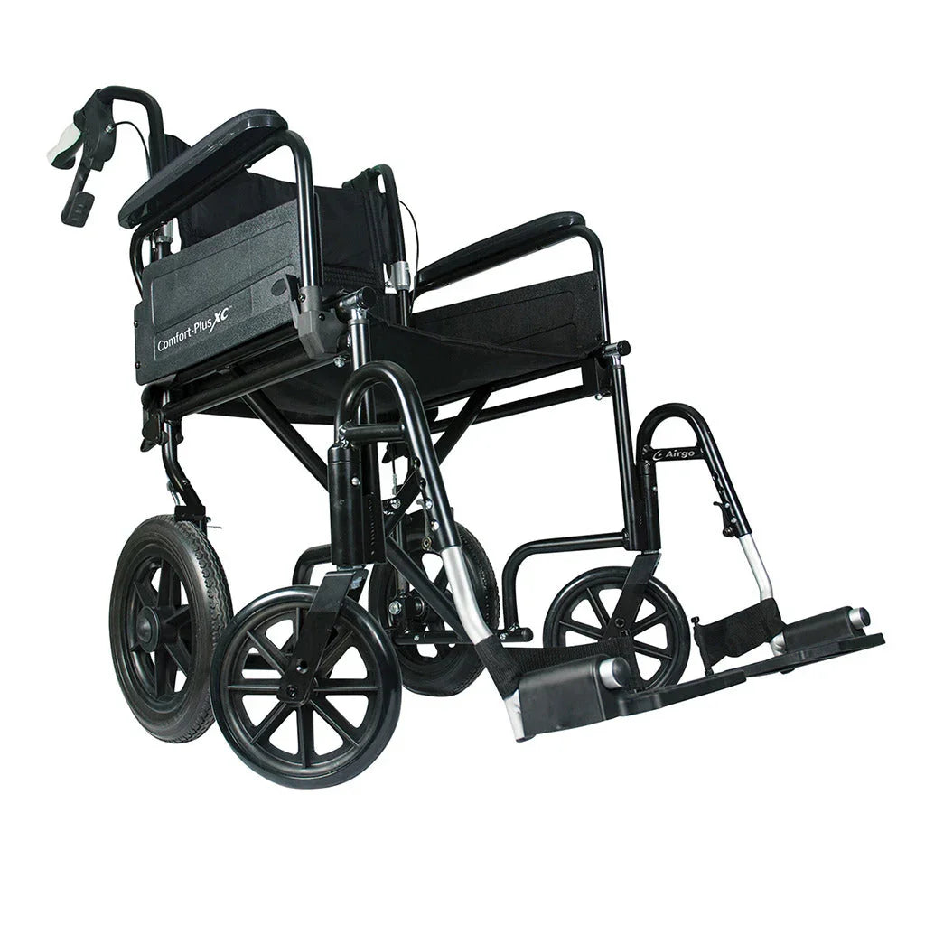 Black lightweight transport wheelchair with large rear wheels and flip-up footrests