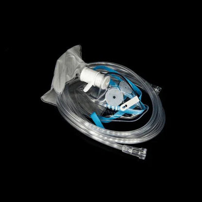 Oxygen mask with reservoir bag and tubing for respiratory therapy, medical supply
