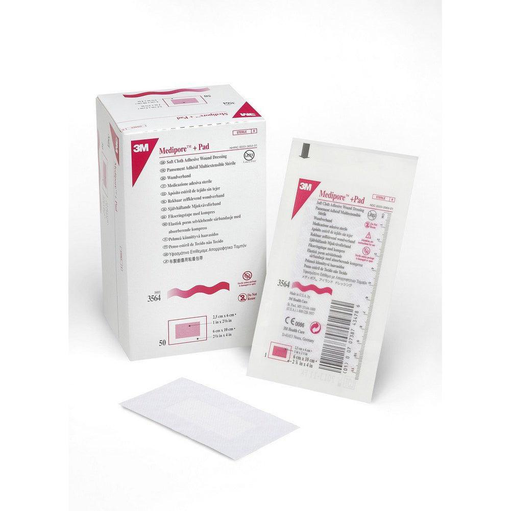 Sterile 3M Medipore adhesive wound dressing pad box, packet, and pad on white background