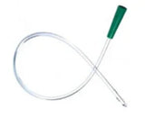 Medical suction catheter with clear tubing and green connector for respiratory care