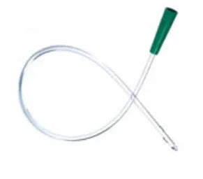 Medical suction catheter with clear tubing and green connector for respiratory care