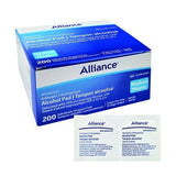Alliance alcohol pads box with two individually wrapped antiseptic wipes, medical supplies