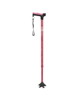 Red patterned walking cane with pink handle and wrist strap for home care support