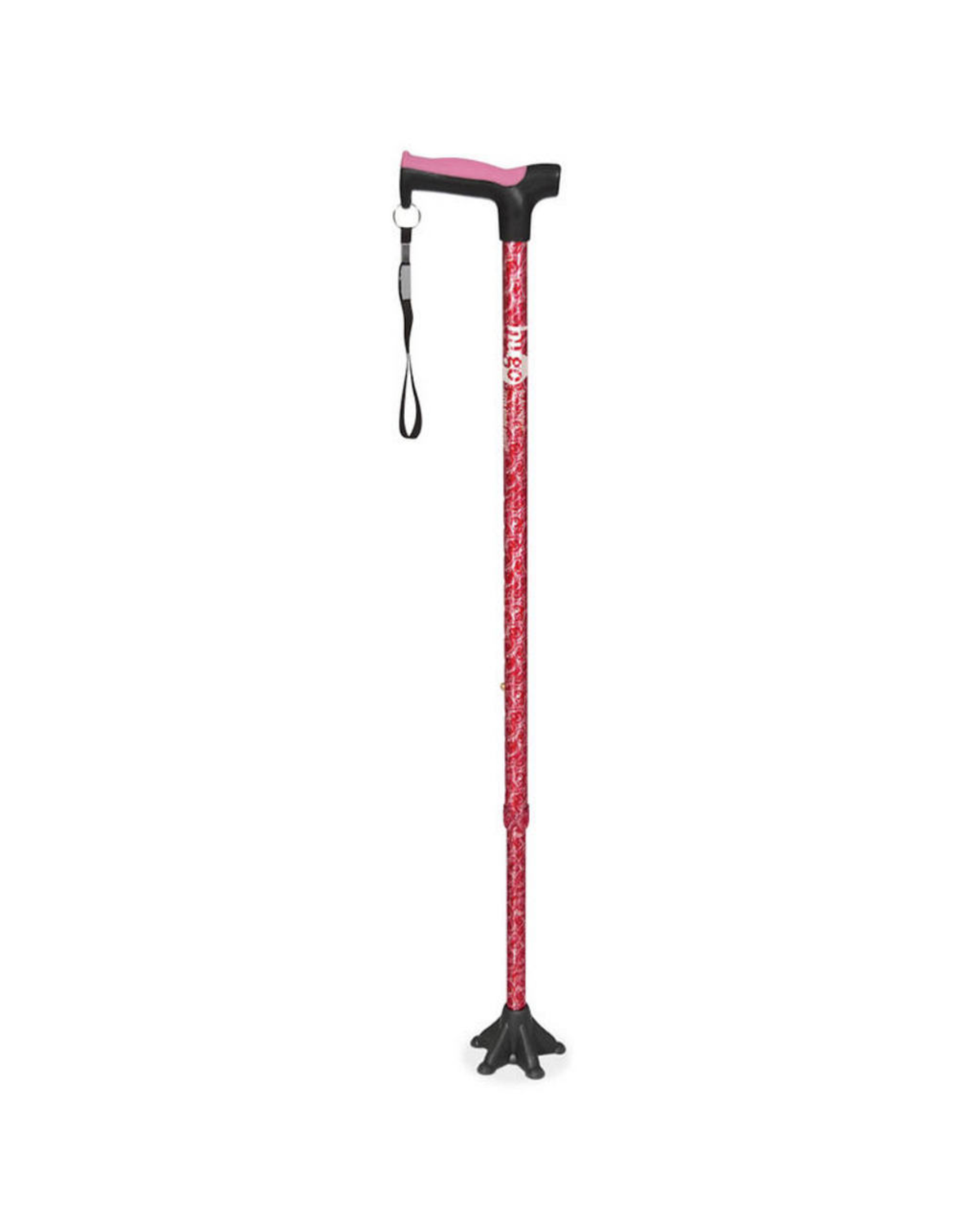 Red patterned walking cane with pink handle and wrist strap for home care support
