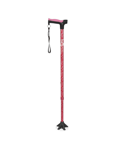 Red patterned walking cane with pink handle and wrist strap for home care support