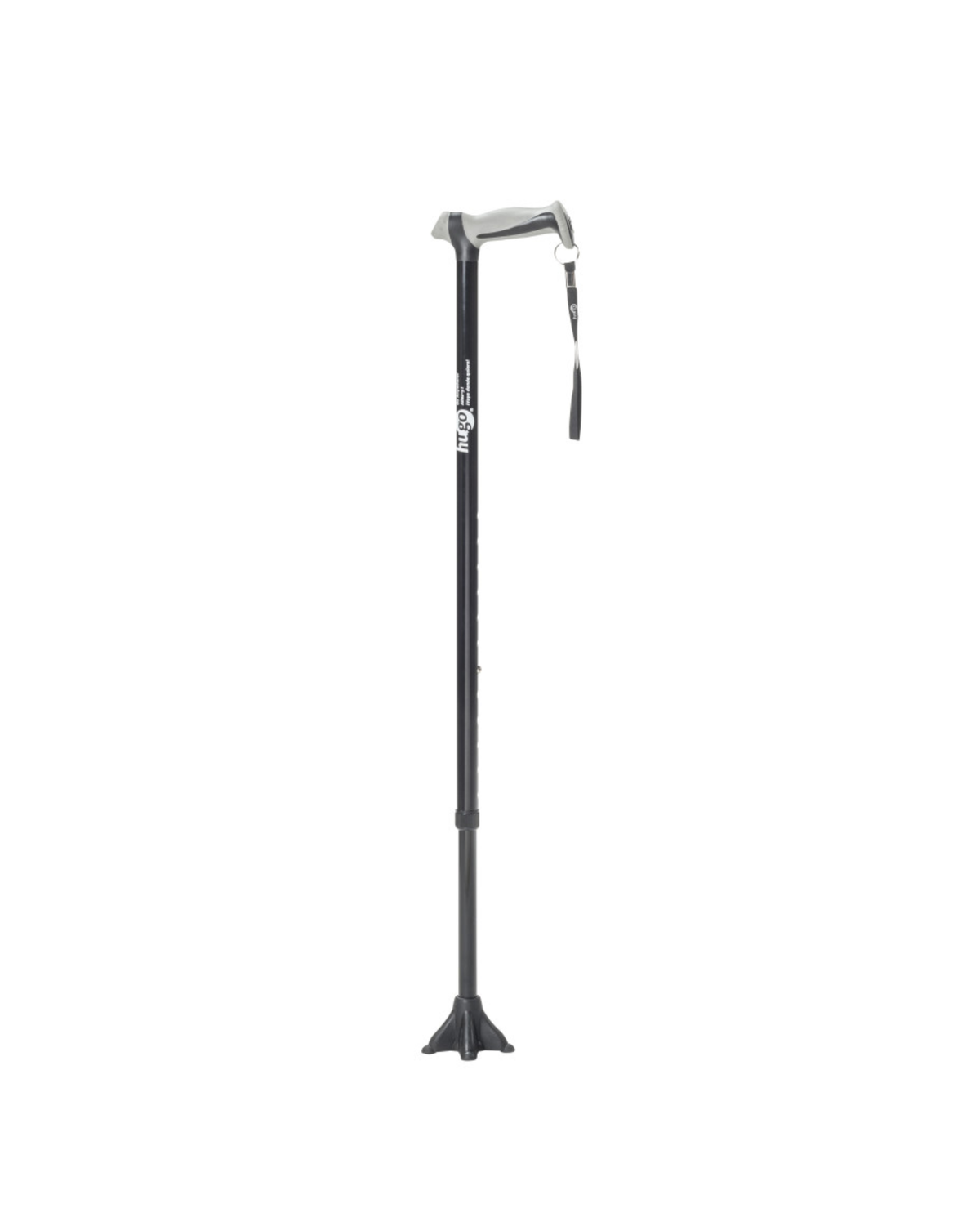 Adjustable quad cane with ergonomic handle and wrist strap for mobility support