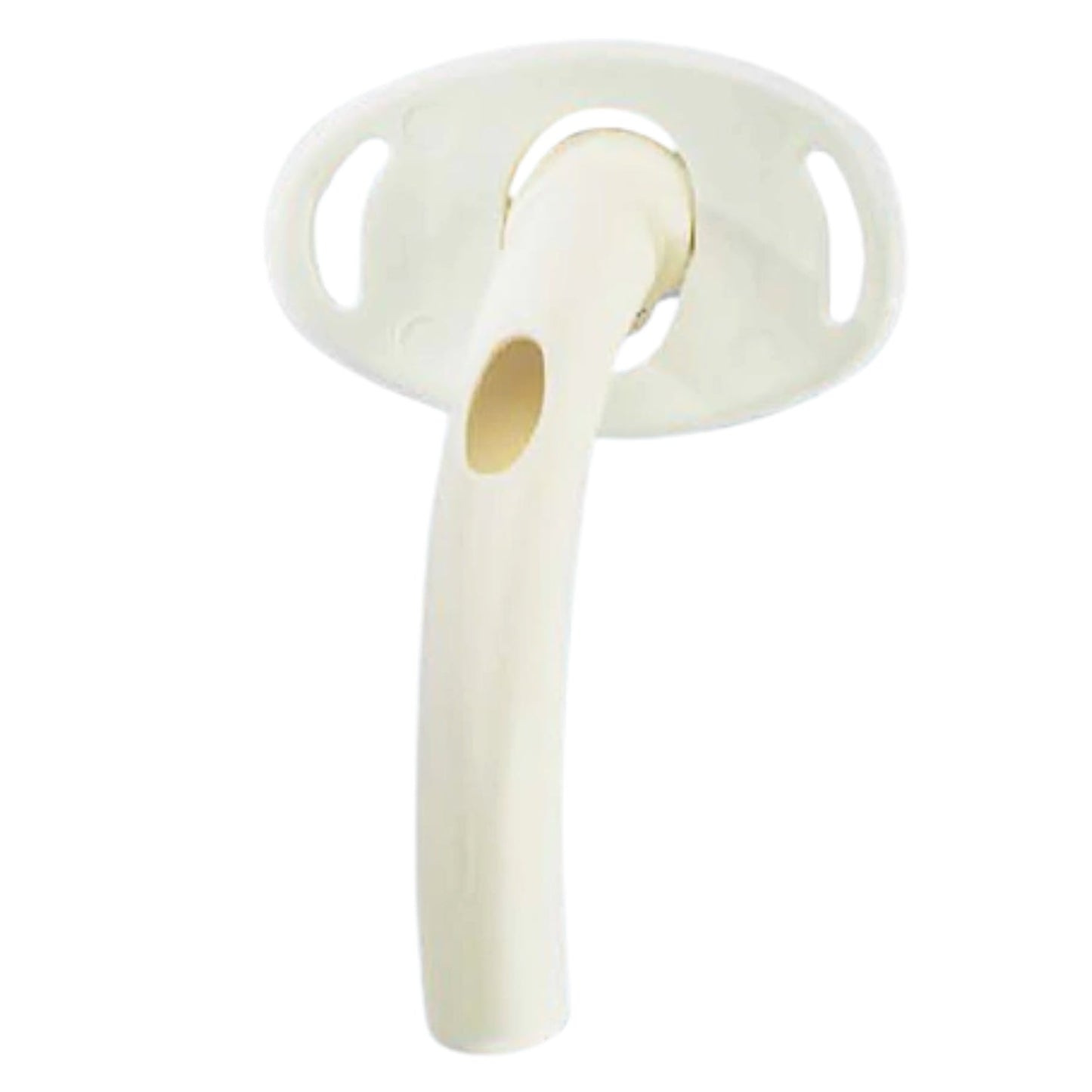 Curved medical tracheostomy tube with flange, respiratory care supply on white background