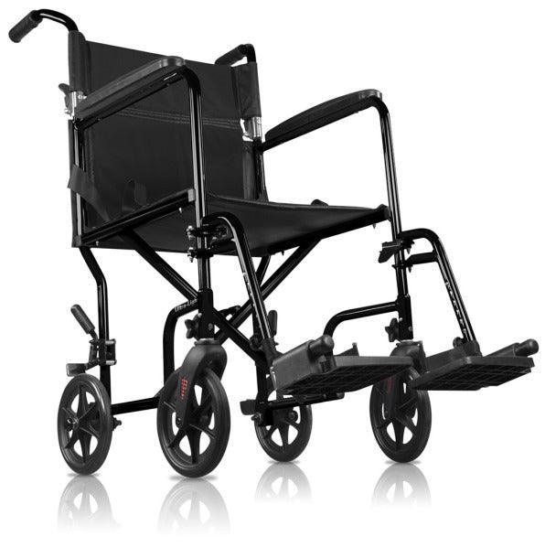 Lightweight black transport wheelchair with armrests and footrests for home care mobility