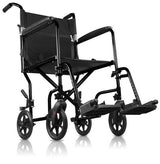 Lightweight black transport wheelchair with armrests and footrests for home care mobility