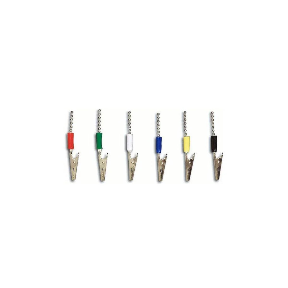 Set of six ECG alligator clips with colored insulation for medical electrode connections