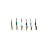 Set of six ECG alligator clips with colored insulation for medical electrode connections