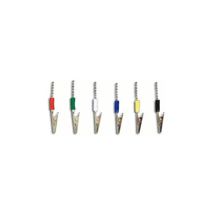Set of six ECG alligator clips with colored insulation for medical electrode connections