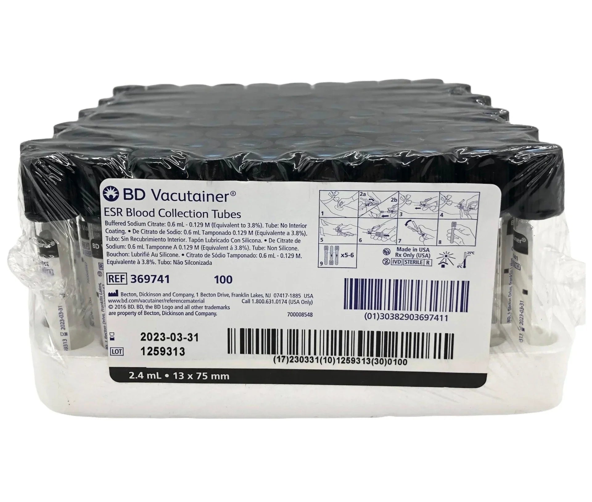 Pack of BD Vacutainer ESR blood collection tubes, medical laboratory supplies, 100 count
