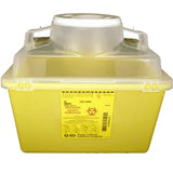 Yellow biomedical sharps container with secure lid for safe needle disposal
