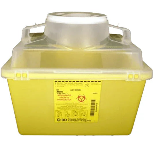 Yellow biomedical sharps container with secure lid for safe needle disposal