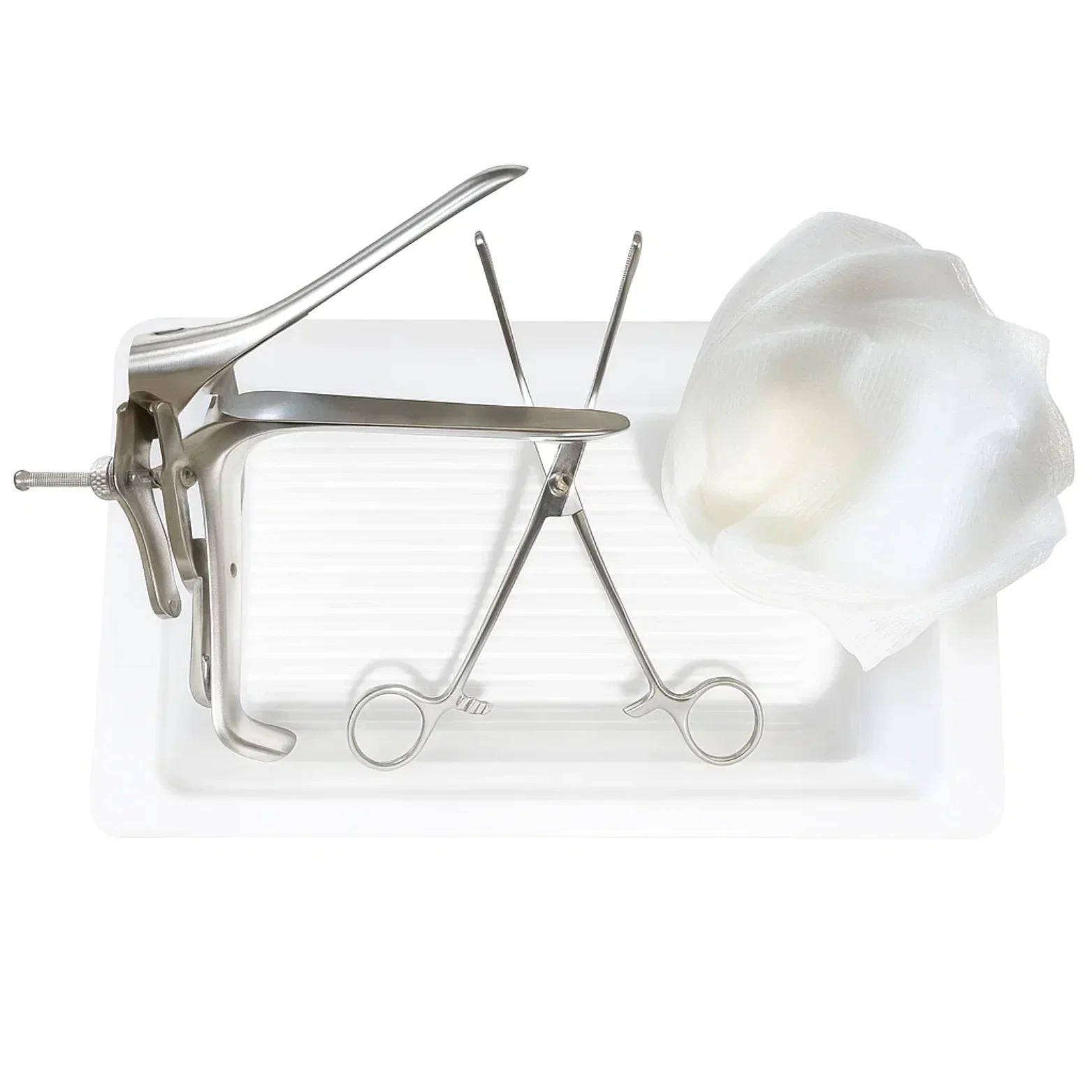 Gynecology examination kit with speculum, forceps, and gauze on a sterile tray