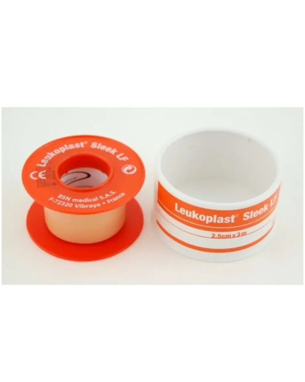 Leukoplast medical adhesive tape roll and empty plastic case, 2.5cm x 3m, on white background