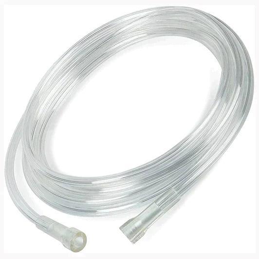 Clear oxygen tubing for medical respiratory care, coiled with two connectors, on white background.