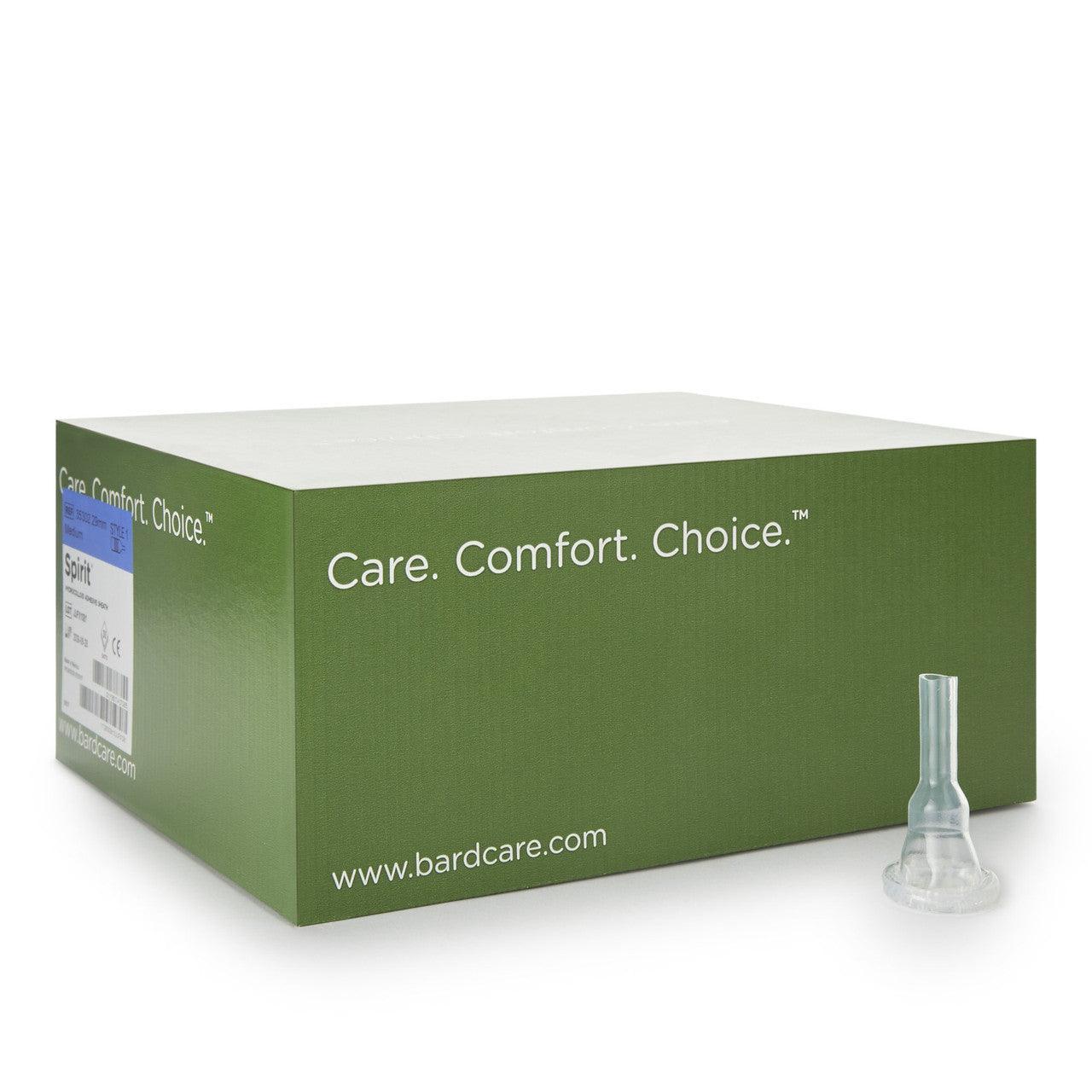 Male external catheter with transparent sheath beside green product box labeled Care Comfort Choice
