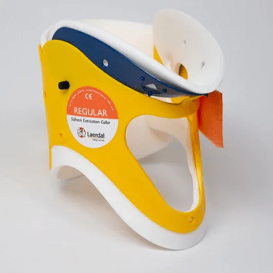 Yellow and white adjustable cervical neck collar for medical immobilization