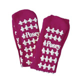 Pair of purple non-slip hospital socks with white grip patterns and Posey text