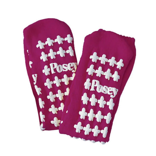 Pair of purple non-slip hospital socks with white rubber grips and Posey logo