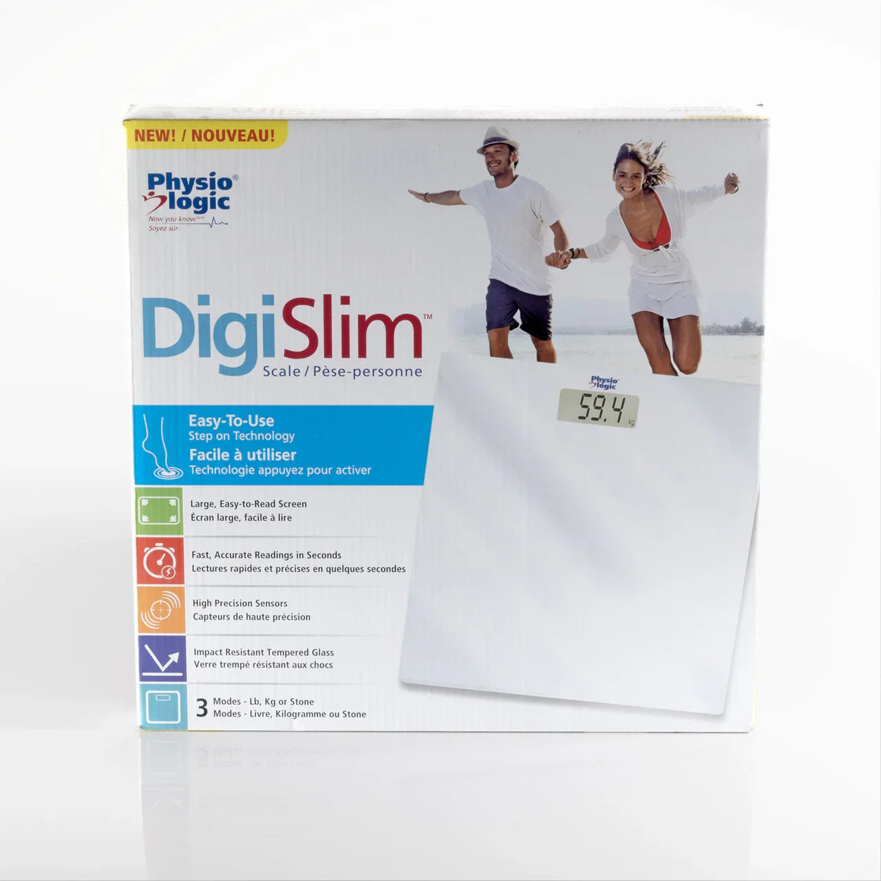 Digital bathroom scale DigiSlim packaging with easy-to-read screen and people jogging on box