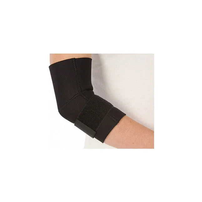 Black elbow support brace with adjustable strap worn on arm for joint pain relief