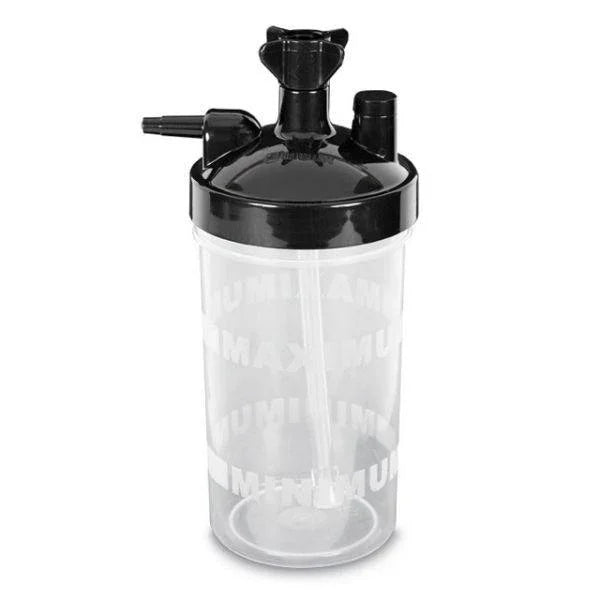 Oxygen humidifier bottle with black lid, used for respiratory therapy and medical care
