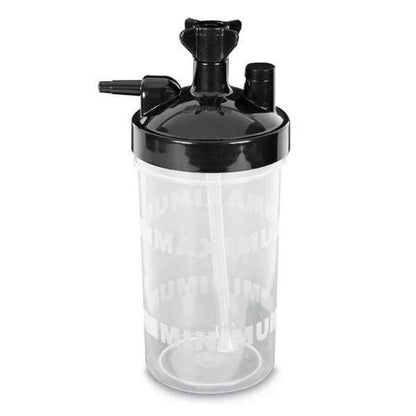 Oxygen humidifier bottle with black lid, used for respiratory therapy and medical care