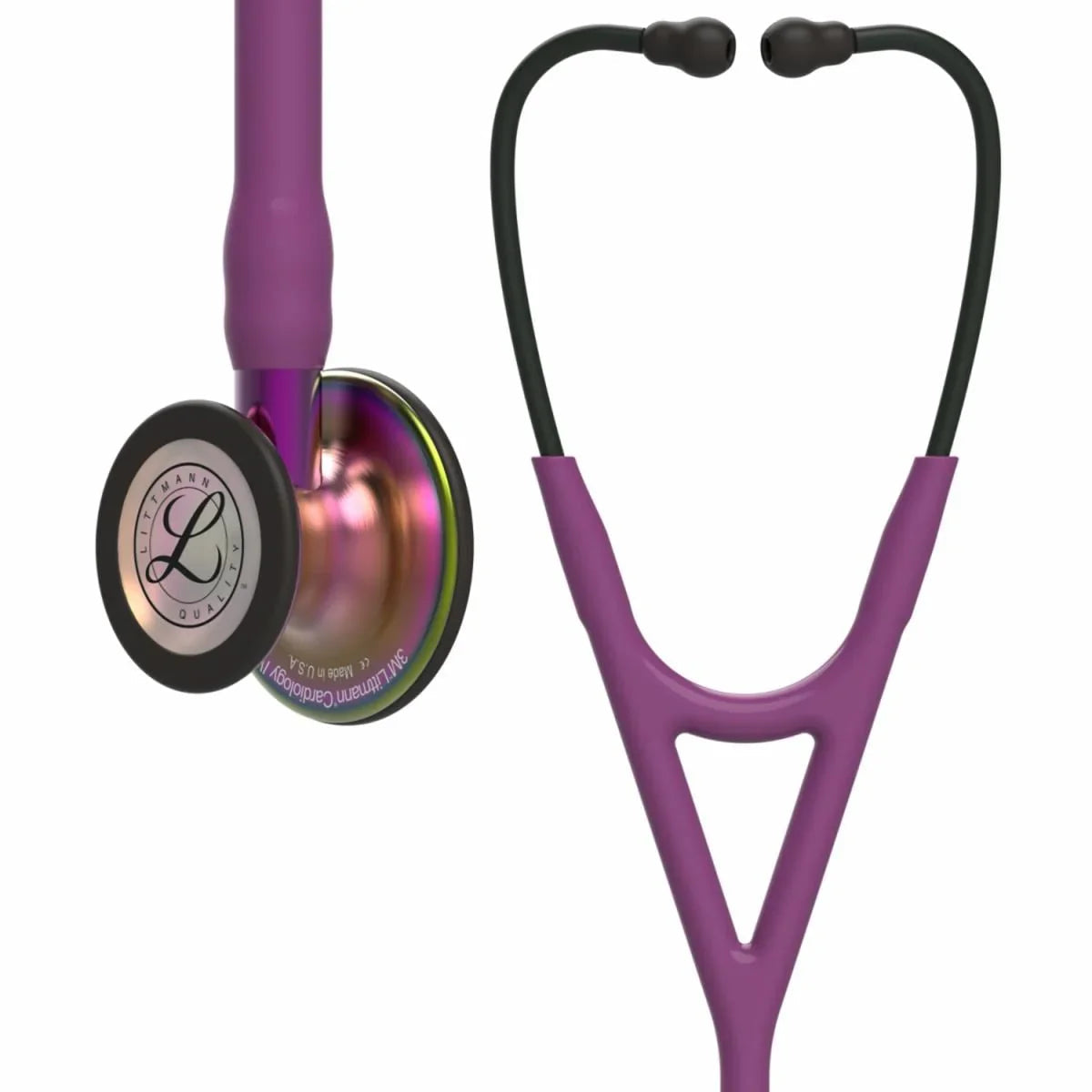 Purple Littmann stethoscope with rainbow chestpiece, medical diagnostic equipment