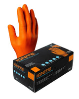 Textured orange nitrile examination glove displayed with Ignite gloves box, medical supply product.