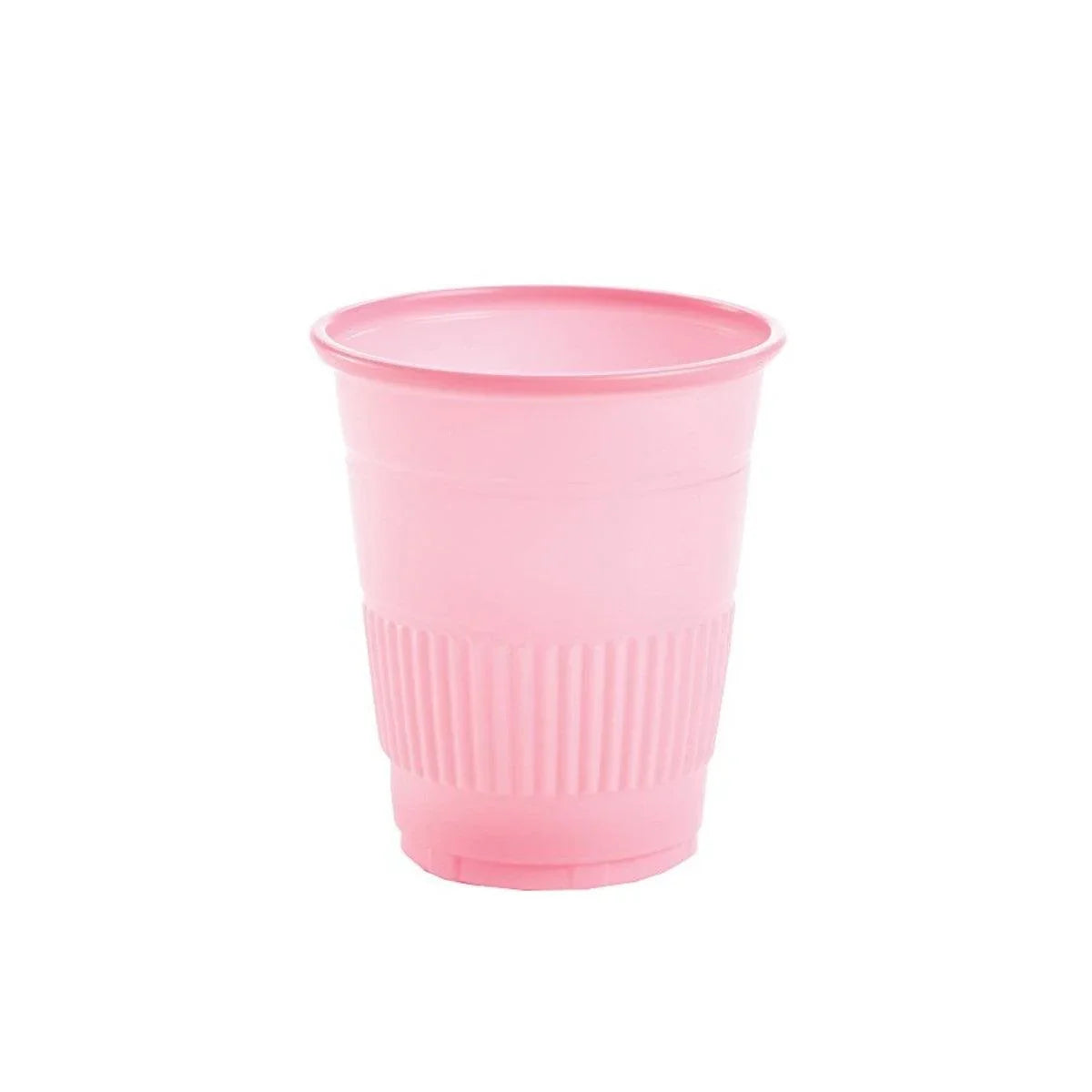 Pink disposable plastic cup with textured grip for medical or home care use