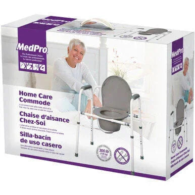 MedPro home care commode box showing portable grey toilet chair for elderly or disabled use